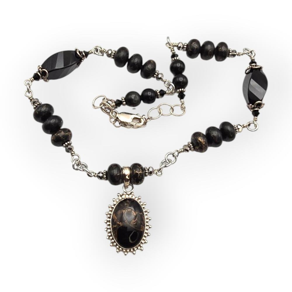 Black Stone Beaded Necklace Sterling Silver Pendant 925 Dark Minimalist